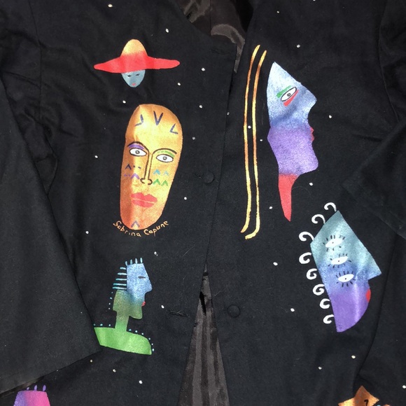 Vintage 2PC Sabrina Capune black theatre decal suit jacket + skirt - Picture 2 of 13